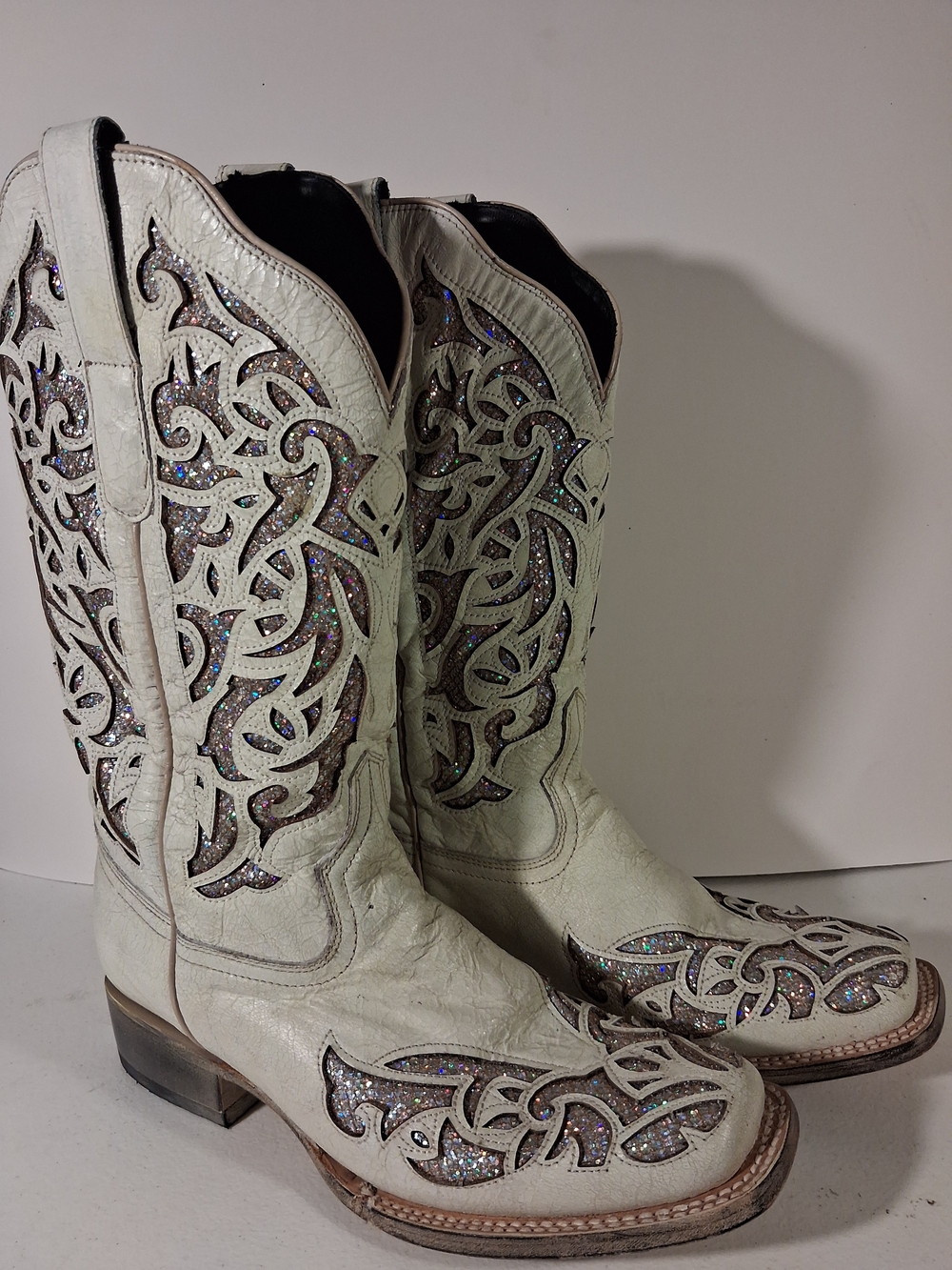 JB Dillon Women's Shoes White Embroidered Glitter Cowbow Leather Boots Size 9 C